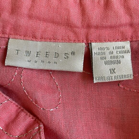 Tweeds Linen Henley Button-Up Shirt Women Size 1X Pink Floral Embroidery - Picture 8 of 13